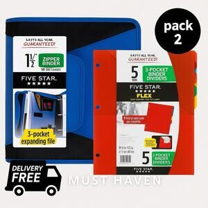 Five Star 1.5” Zipper Binder + 3-Pocket Dividers, School/Office Set – Pack 2